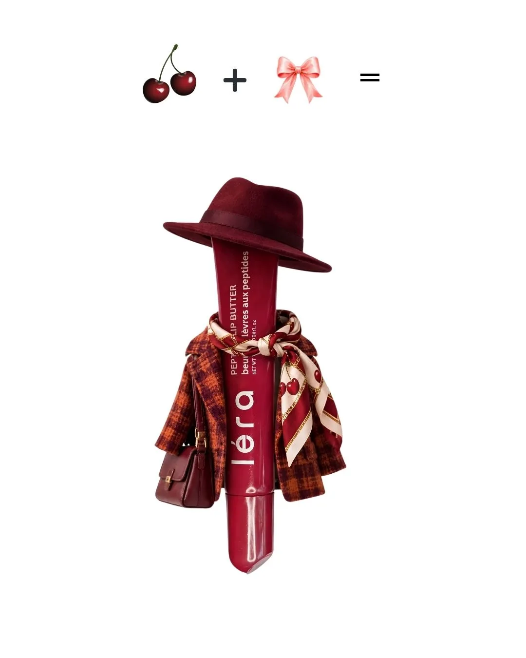 Peptide Lip Butter Cherry Kiss dressed for fall in a burgundy fedora and plaid coat