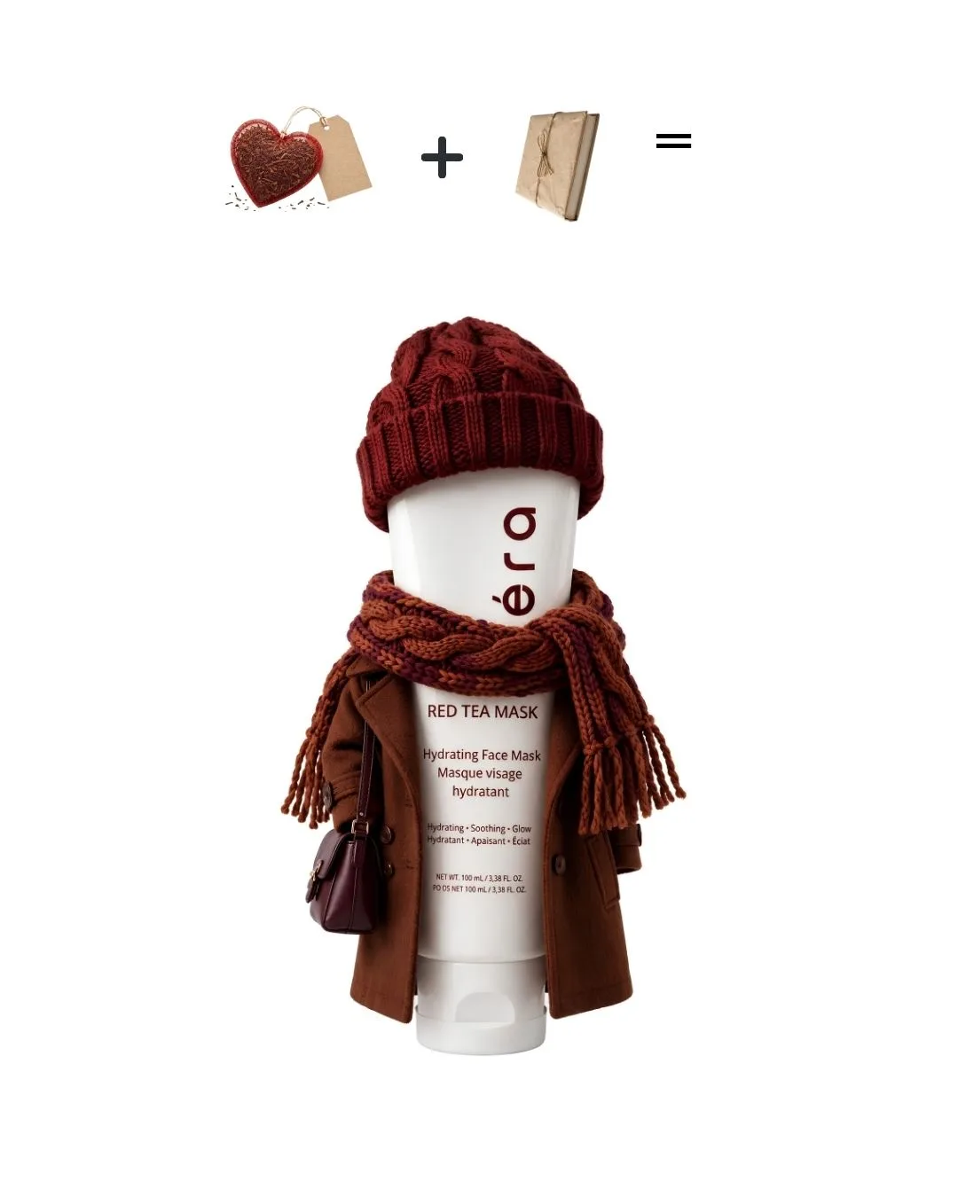 Red Tea Mask dressed for fall in a burgundy beanie and wool coat