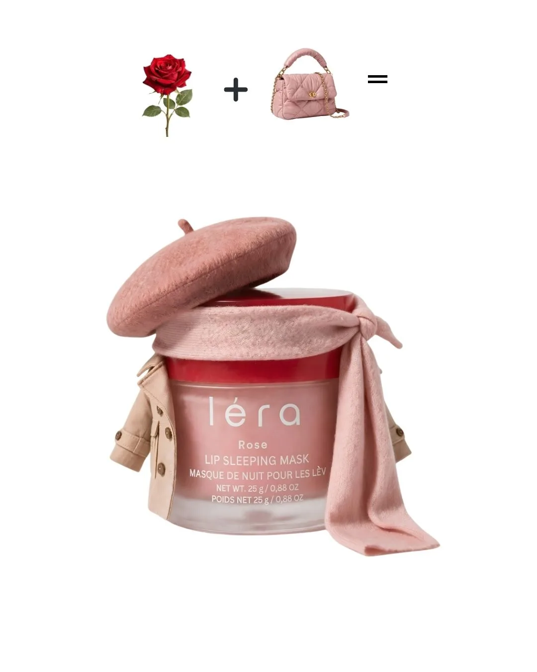 Lip Sleeping Mask Rose dressed for fall in a pink beret and cashmere scarf