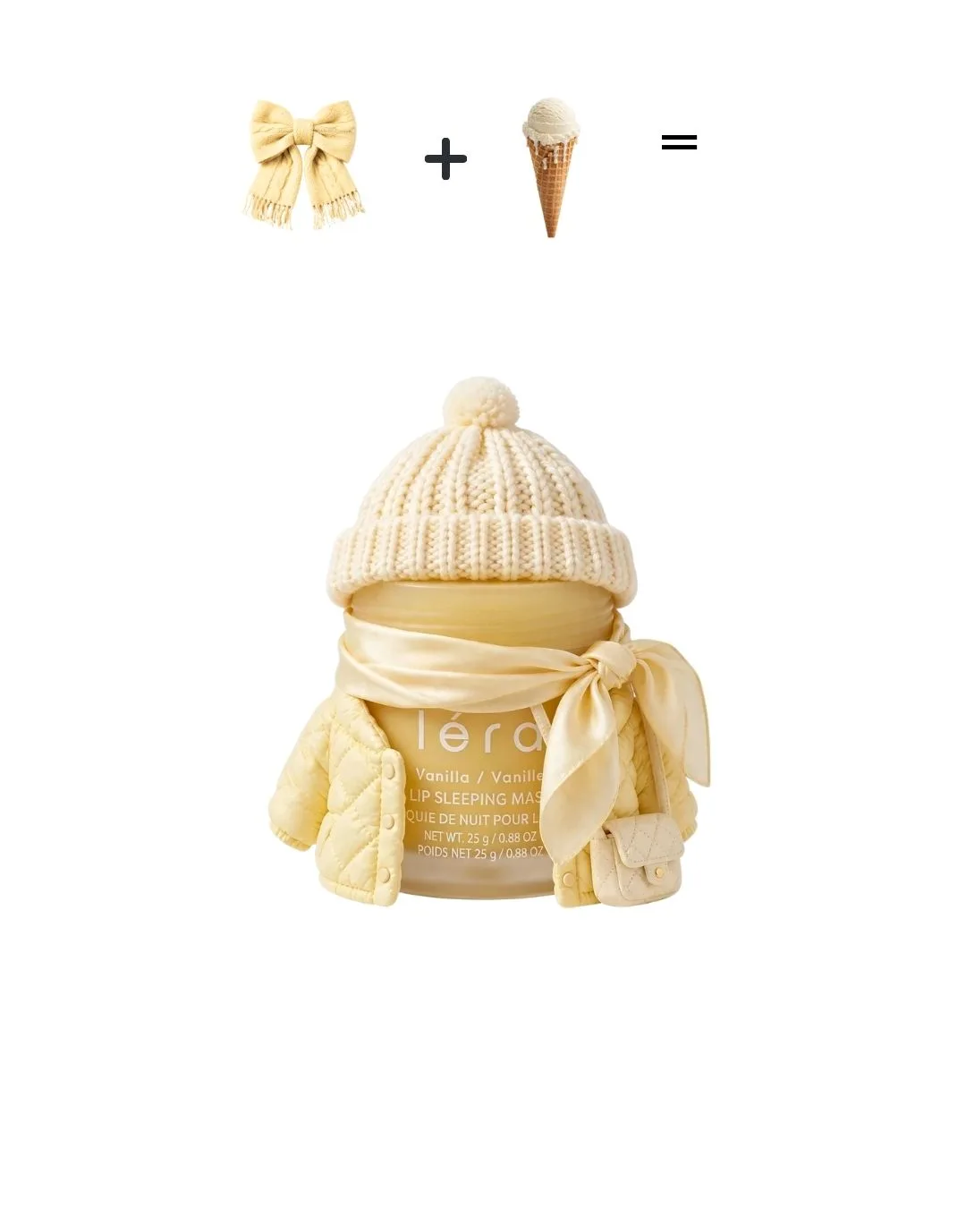 Lip Sleeping Mask Vanilla dressed for fall in a cream beanie and quilted jacket